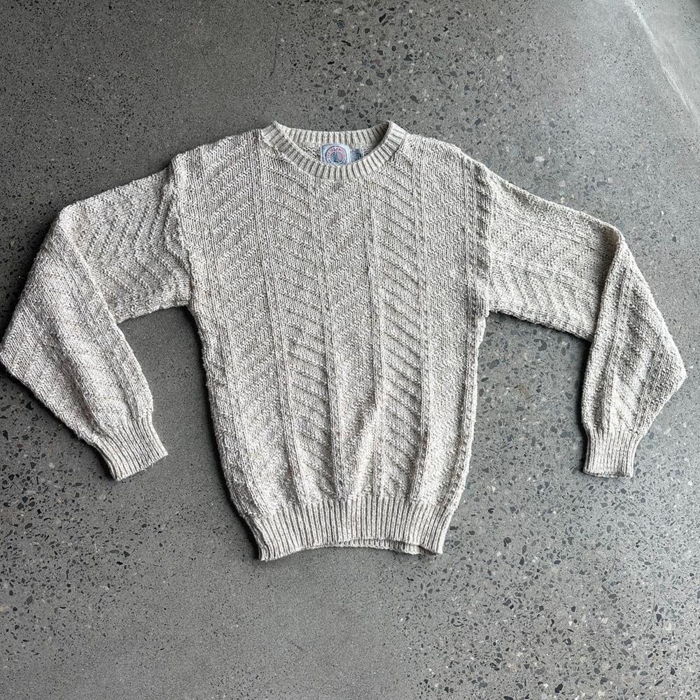 Cape Isle Kniters Vintage Cable Knit Crewneck Sweater M Cream Textured Cotton